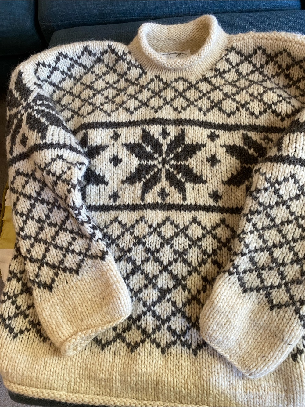 Cream and Black Fair Isle Nordic Wool Sweater - Chunky HandKnit Pullover